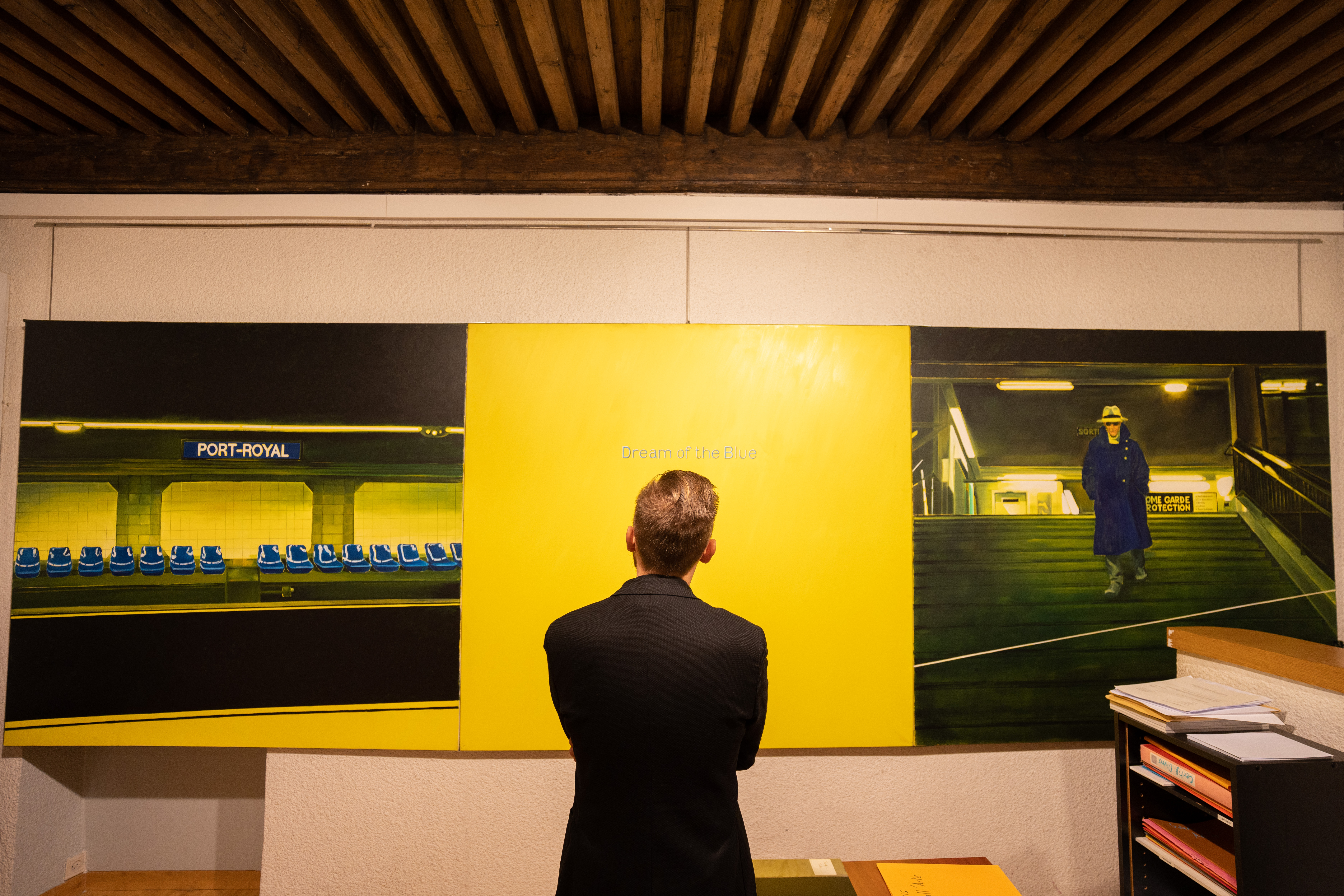 Triptyque « Dream of the Blue » de Jacques Monory, station Port-Royal, exposé à la Galerie Chabannes Vallé